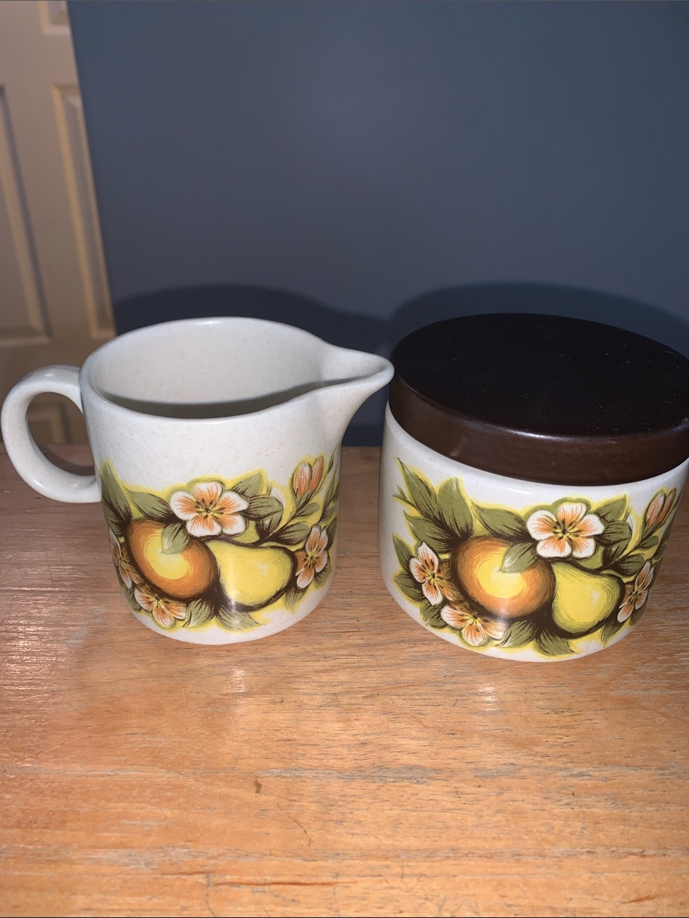 Vintage Stoneware Fruit Floral Creamer and Sugar Jar